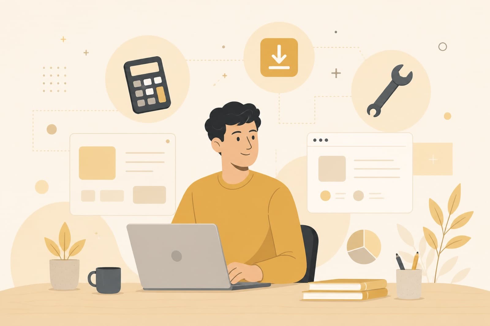 Illustration of someone using online tools and calculators at a desk