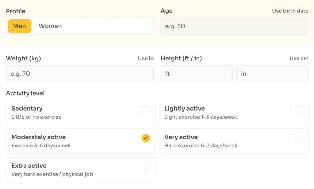How to calculate BMR — Choose profile and units — Select profile, age, weight, height, and activity level in the BMR calculator
